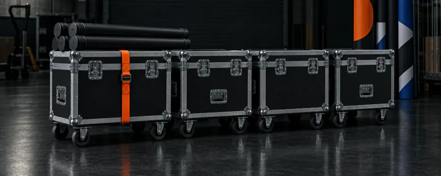 A roadshow set packed for transport in hard cases.