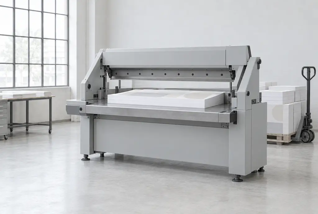 A single-knife guillotine with the clamp raised over a squared lift of sheets.