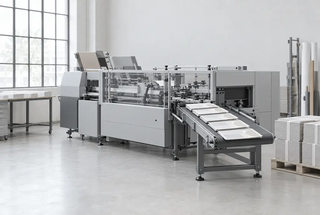 A folder-gluer, finished folders and cartons arriving on the belt in a shingled stream.