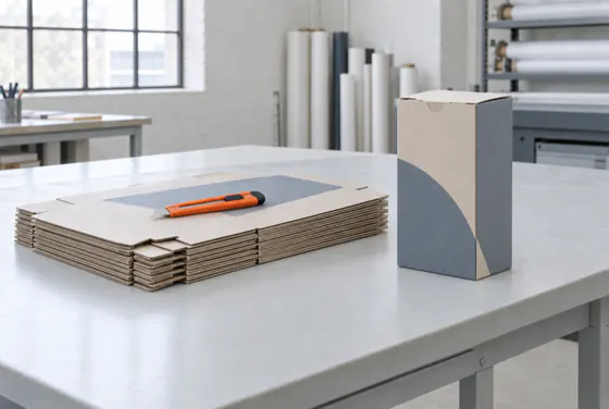 Flat-packed folding cartons and one erected, the score creases and the glue tab visible.