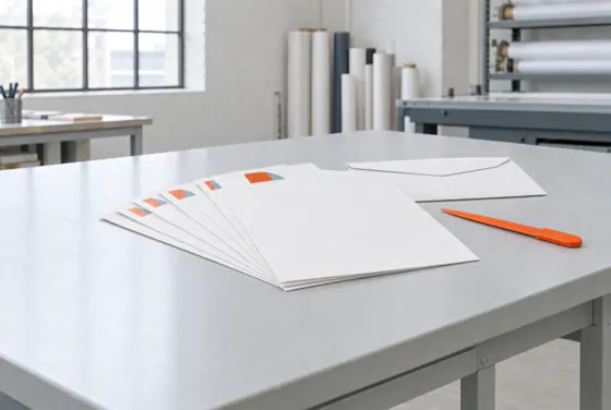 A4 letterhead sheets fanned out beside an envelope, raking light across the paper texture.