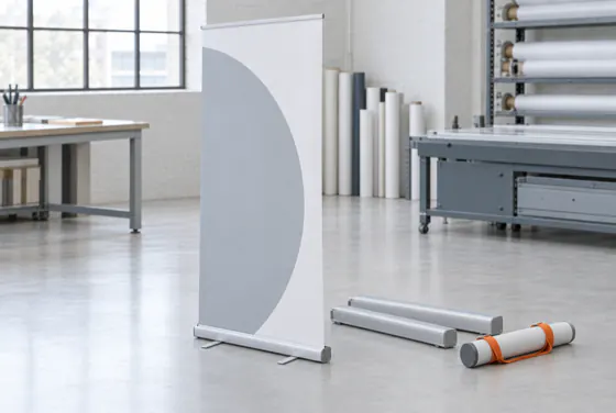 Roll-up rozwinięty z kasety aluminiowej, obok dwie kasety złożone i tuba transportowa 105 cm.