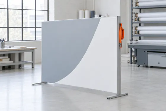 Ścianka tekstylna 3 × 2,3 m: tkanina napięta w ramie aluminiowej, na dwóch stopkach.