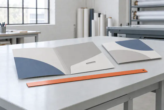 An A4 presentation folder open, the spine score and the die-cut card slot in the pocket visible.