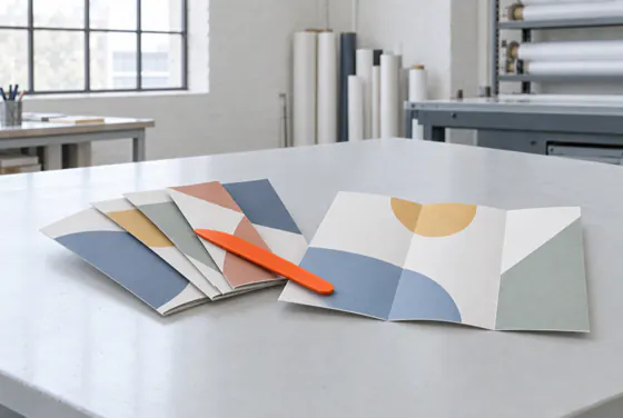 Folded leaflets fanned out, one opened flat with both fold creases visible.