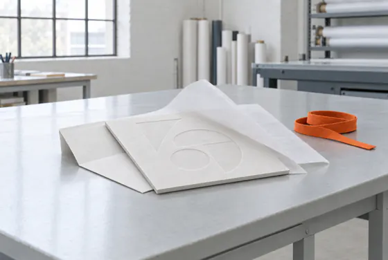 An invitation with a deboss resting on its envelope, the tissue interleaf lifted.